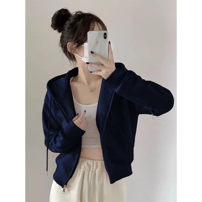 Women's Gray Slim-Fit Hooded Zip-Up Sweatshirt Jacket - Spring & Autumn Cardigan