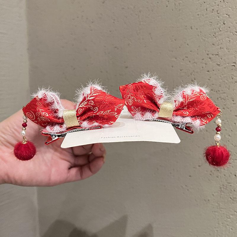 Chinese Style Princess Hair Clips with Pearl Pendant and Bowknot for Baby New Year and Hanfu Festivities