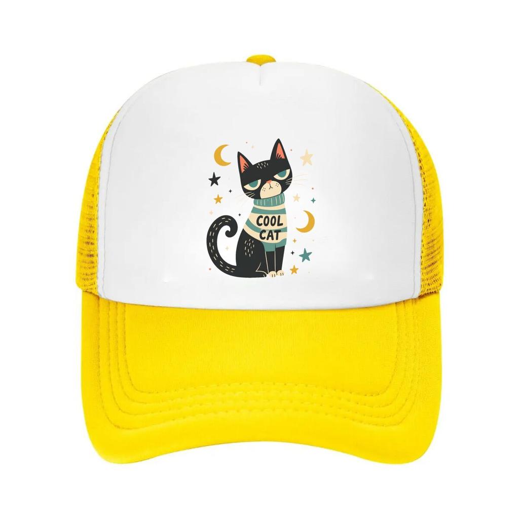 Playful Midnight Cat Star Illustrati Mesh Baseball Cap Casual Hat Outdoor For Womens Unisex FeUnisex