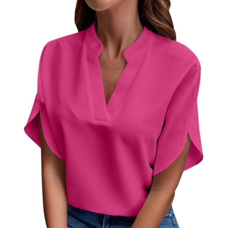 Spring Summer Casual V Neck Pullover Shirt Versatile Solid Color Short Sleeve