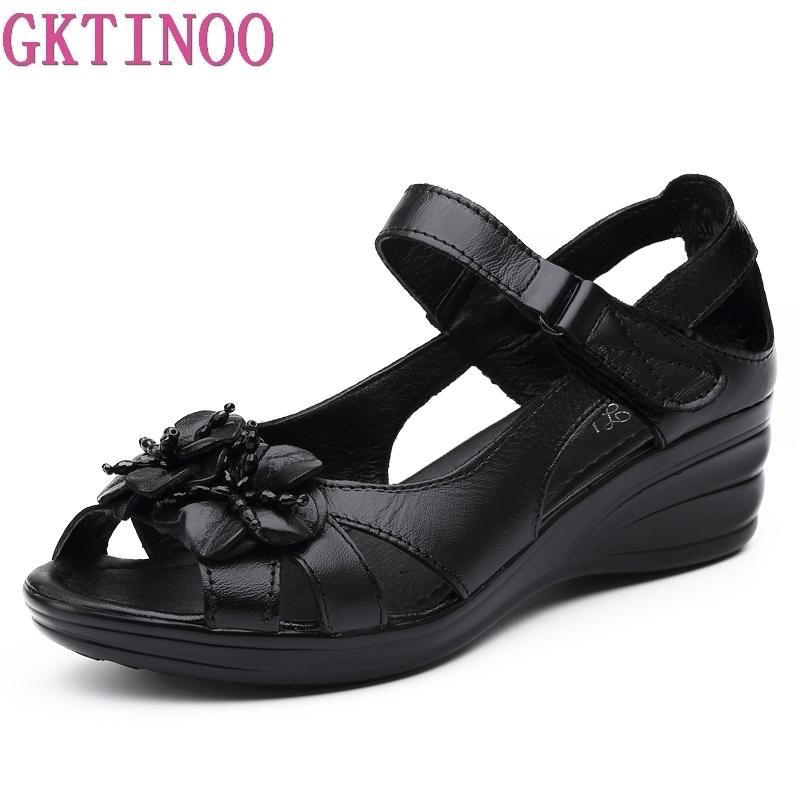 Fashion GKTINOO 2025 Gladiator Sandals Women Elegant Genuine Cow Leather Wedge Mid Heel 4cm Beaded Flower Ladies Shoes And Sandals Shoes