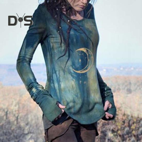 Damer Topper Rund Hals Langermet Månetrykt Skjorte Slim Fit Middels Lengde Elastisk T-skjorte Hverdagsklær