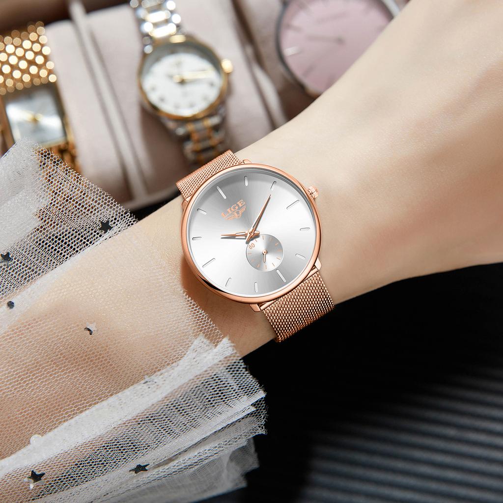 LIGE Ultra Dünne Netz-Quarzuhren Für Damen Einfach Elegant Wasserdicht Damen Uhr Mode Sport Damen Armbanduhr Reloj