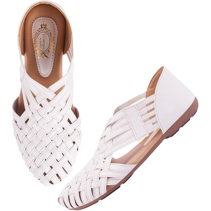 Shoetopia Women'S White Woven Ballerina Flats  Ethnic Style Comfortable Slip-On Juttis With Closed Toe For Casual & Fest
