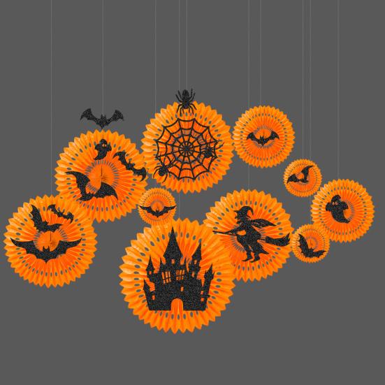 28 Pcs Halloween Hanging Paper Fans Decoration Spooky Witch Bat Honeycomb Round Paper Fans Ornament for Halloween Party Home Decor