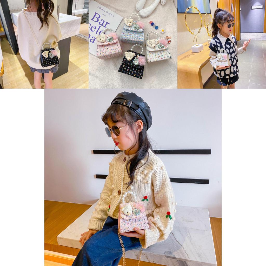 Adorable Mini Princess Chain Bag For Girls In Soft Leather With Cute Bear Design And Pearls