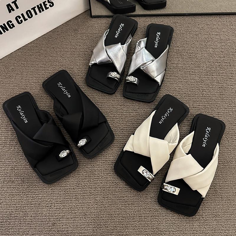Aphixta Crystal Flip Flop Square Toe Summer Shoes Flat With Heel Slipper Women Casual Slides Outside Sandals Cross Strap Slipper