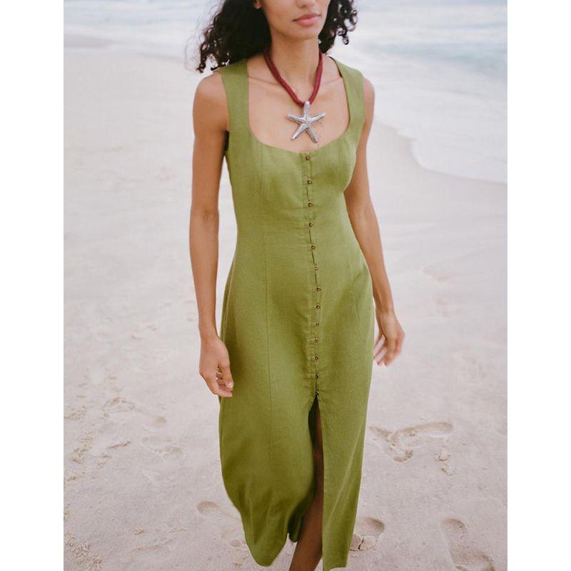 Summer Women's Clothing Decorated Row Button Slit Hemline At Hem Sleeveless Square Collar Linen Blend Midi Skirt Dress 6962029