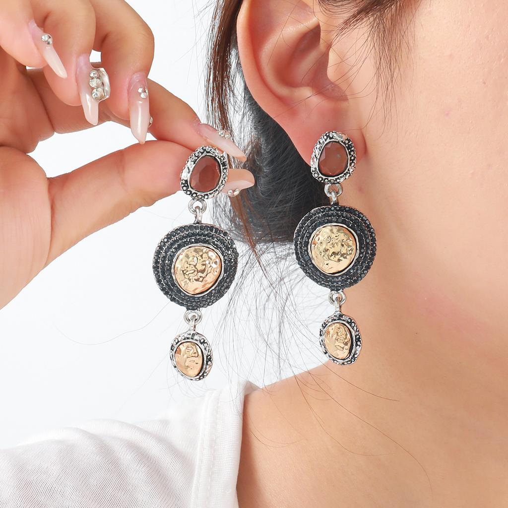 2025 New Retro Style Earrings Gold Crystal Three Layer Pendant Earrings Simple Texture