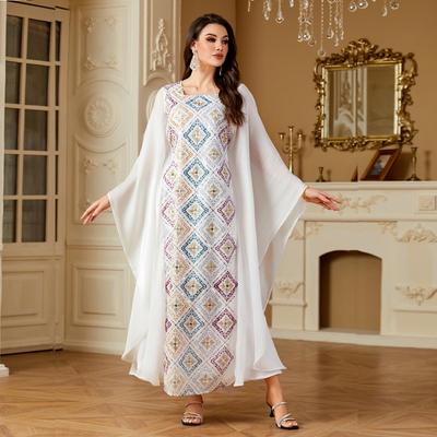 Middle Eastern Sequin Embroidered Dress with Batwing Sleeves and Waist-Cinching Design