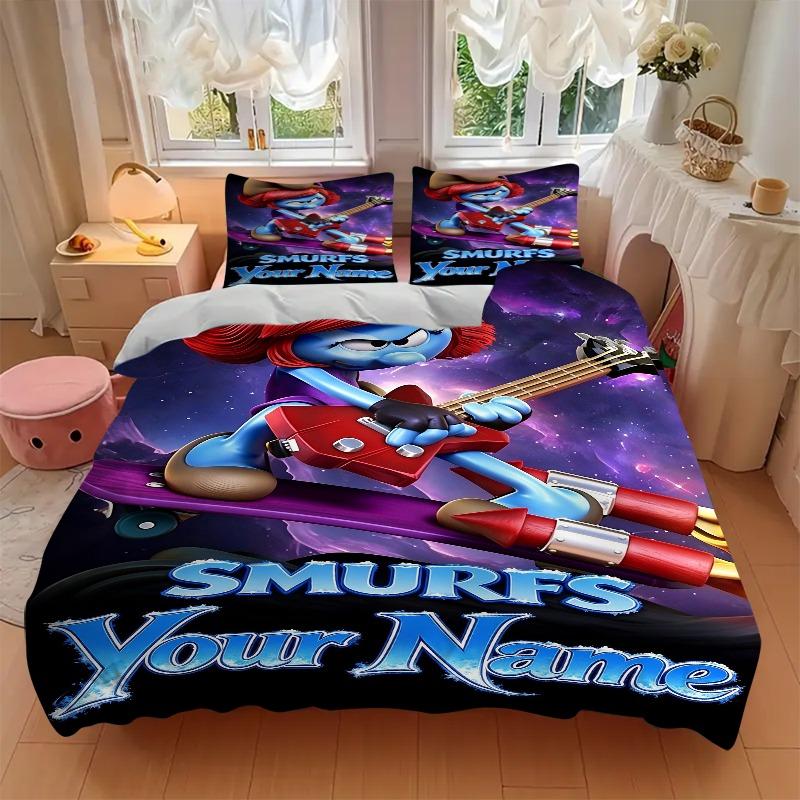 Cosmic Cowboy Smurfette Guitar Bedding Set Personalized Washable Custom 3Pcs Duvet Cover Pillowcases Soft Microfiber Home Bedroom Gift