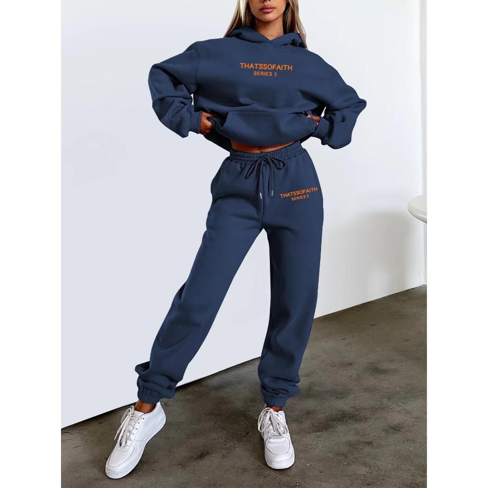 European-American Women's Fashion Letter Print Hoodie & Fleece Jogger Set
