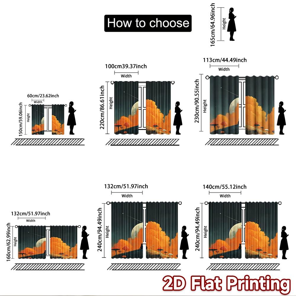 2D flat printing 2pcs Window Curtains Black cats moon mushrooms Digital Printed Polyester Drapes Birthday Party for living room
