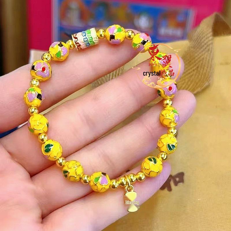 Huang Jing Cloisonné Enamel Prosperous Flowers Lucky Charm Bracelet with Ash Glass and Gold Foil Beads