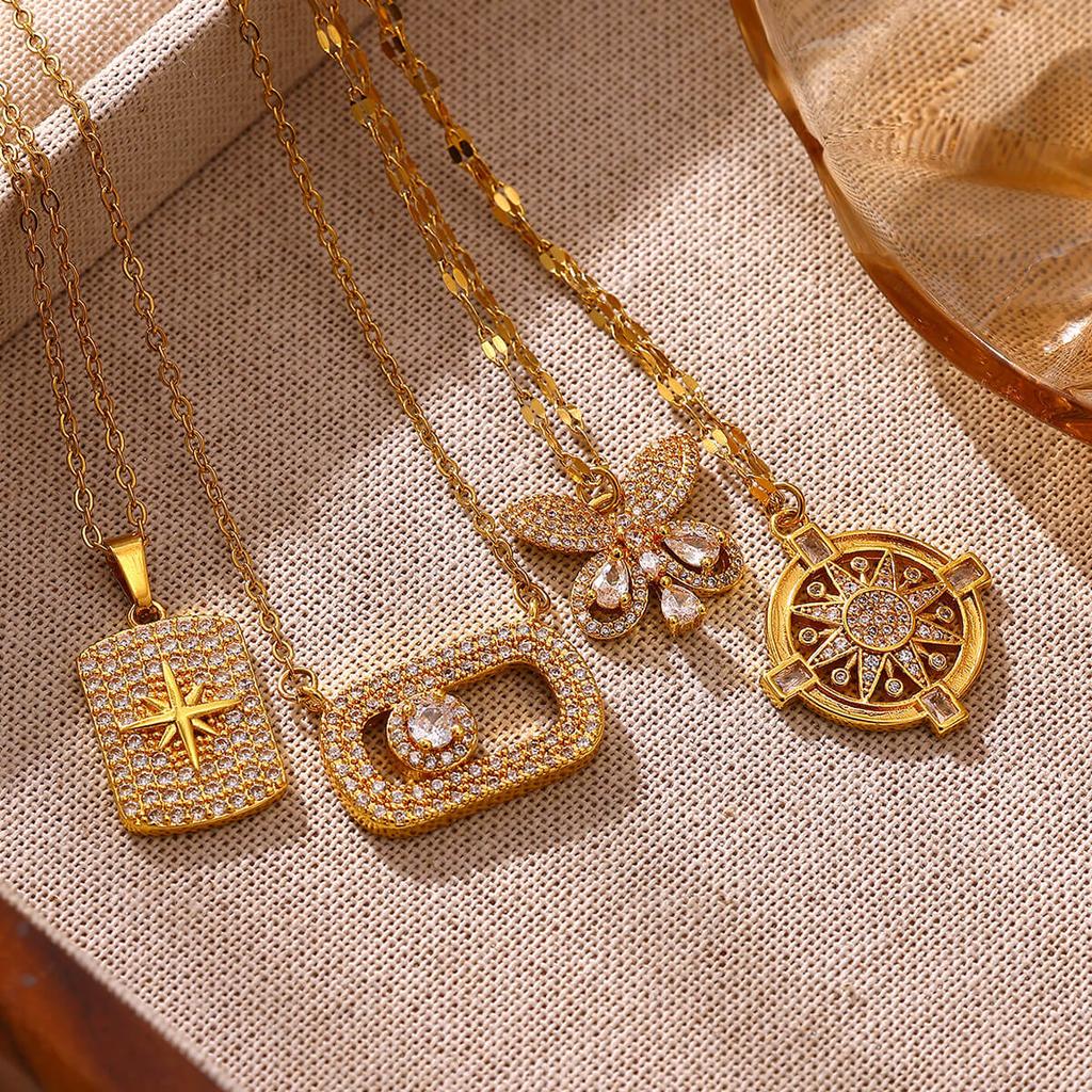 Luxury Micro Pave CZ Gold Color Necklace For Women Star Compass Butterfly Pendant Choker Waterproof Vintage Jewelry Daily Gift