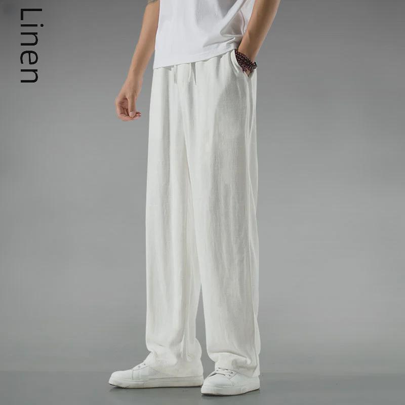 Men's Summer Thin Cotton Linen Wide-Leg Pants - Chinese Retro Style