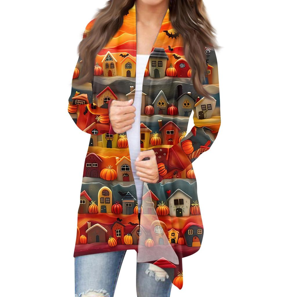 Women's Halloween Print Long Sleeve Front Cardigan Printed Top Lightweight Jacket
