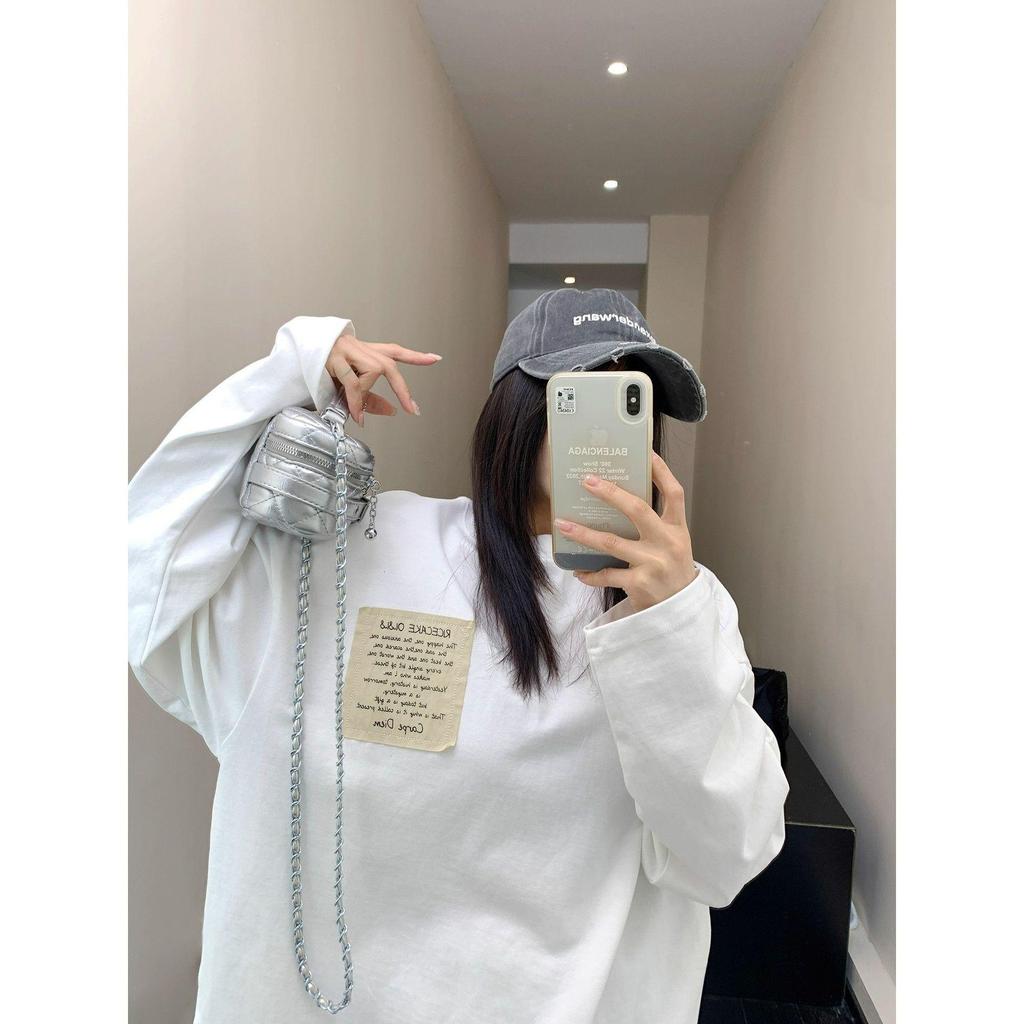 2025 New Arrival: European-Style White Long-Sleeve Women's T-Shirt, Mid-Length Loose Fit, Pure Cotton Base Layer for Autumn/Winter