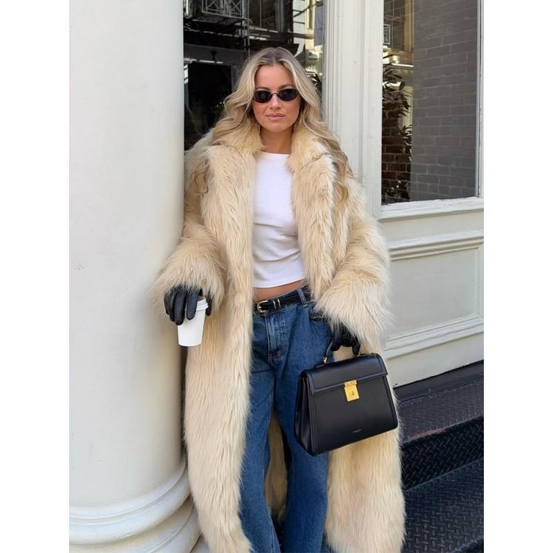 Womens Faux Fur Long Coat Warm Stylish Outerwear Streetwear Chic Fall 2025