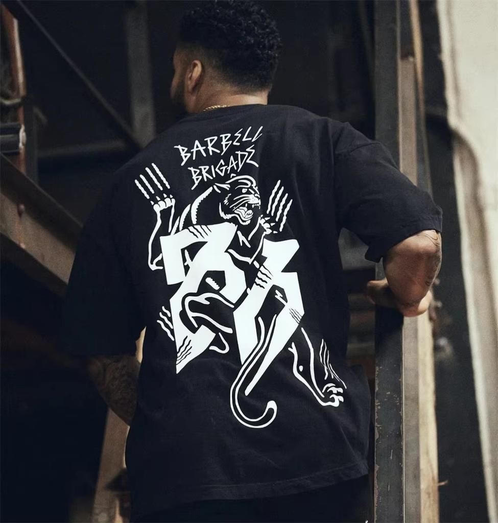 Langhantel Leopard Herren Vintage Oversize T-Shirt Sommer Neu Sport Fitness Baumwolle Rundhalsausschnitt Kurzarm Jogginghose Fitnessstudio Laufen T-Shirts