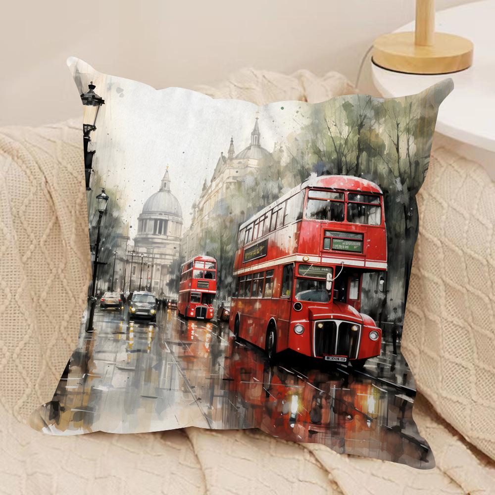 London Red Bus Print Cushion Cover Silky Short Plush Invisible Zipper Dustproof Sofa Pillow Case for Home Decor
