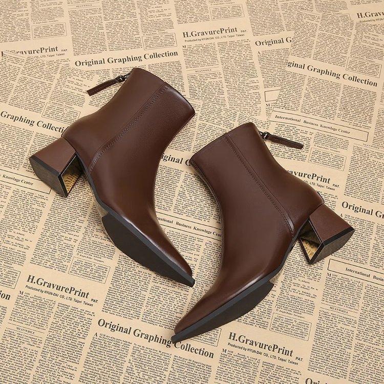 High-end small short boots women's spring and autumn single boots thick heel thin Martin boots pointed high heel autumn and winter women's shoes