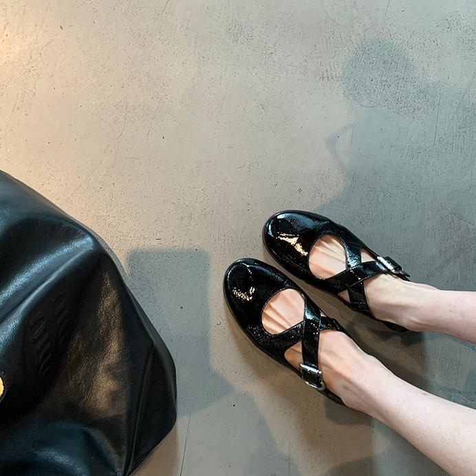 Studiolee Cross Strap Silver Round Head Soft Leather Mary Jane Women's Shoes Light Mouth Flat Shoes