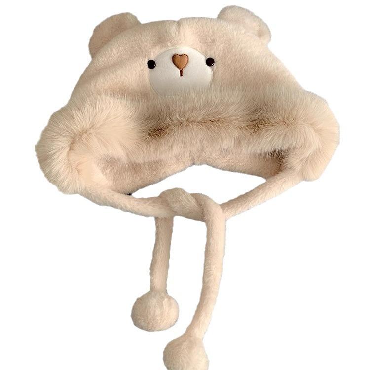 Plush Bear Ear Hat for Women In Autumn and Winter Thickened Warm Ear Protection Goggles Cute Lei Feng Hat Riding Gloves