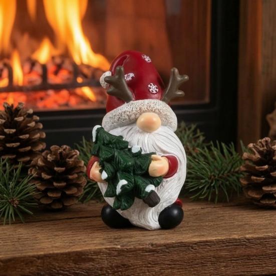Small Statue for Living Room Christmas Gnome Figurine, Resin Red Santa Dwarf with Tree/Gift Box, Cute Faceless Antlers Tomte Swedish Nordic