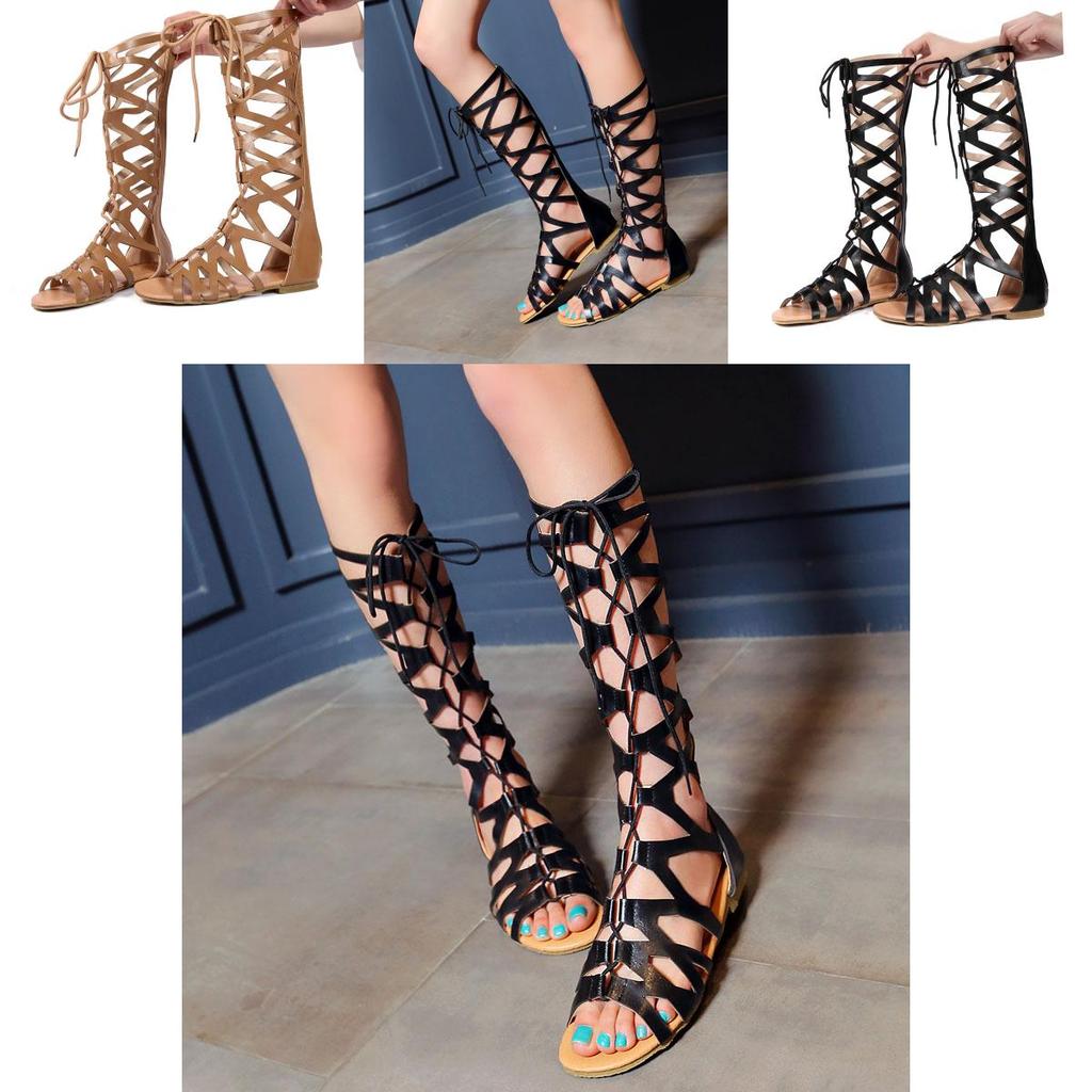 Women Gladiator Strappy Sandals With Knee High Design And Cut Out Details Flat Summer Shoe