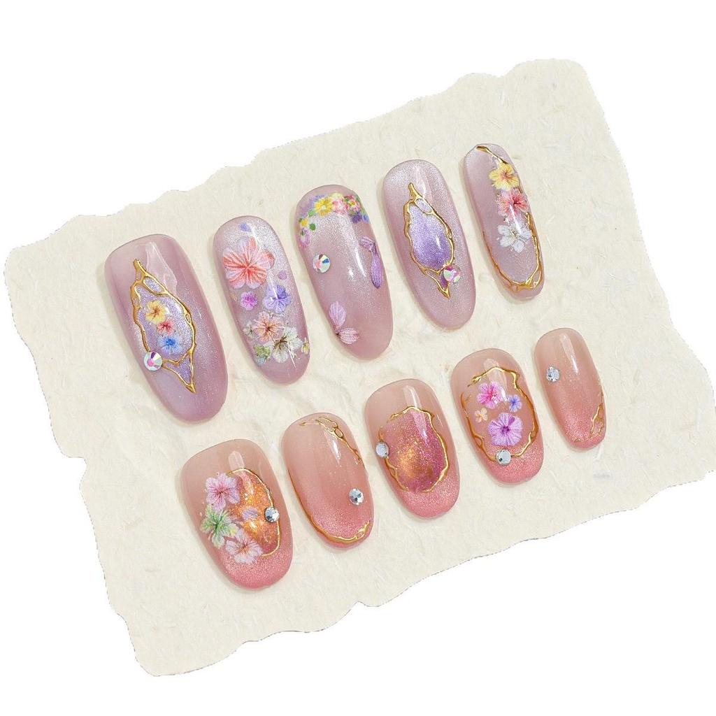3D Gilded Dried Flower Nail Art Stickers - Retro Light Luxury with Gold Line