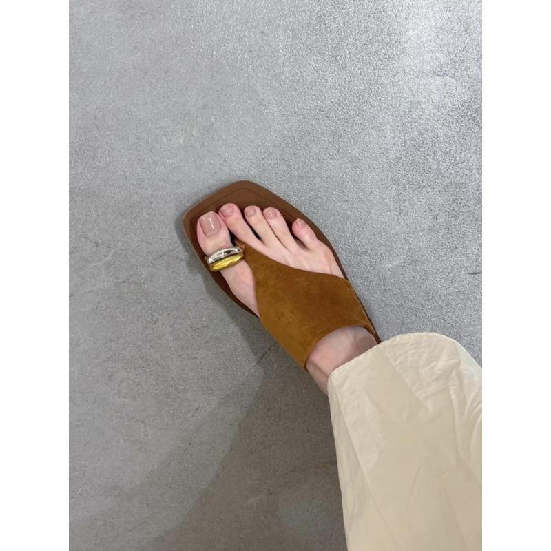 

Sheepskin version~ retro style leather cover toe flip-flops women s shoes summer wear niche flat bottom one pedal beach sandals 35