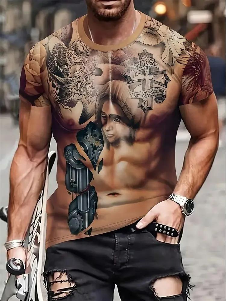 Men s 3D Fake Tattoo Muscle Print T-Shirt, Steampunk Mechanical Body Short Sleeve Streetwear XXS белый