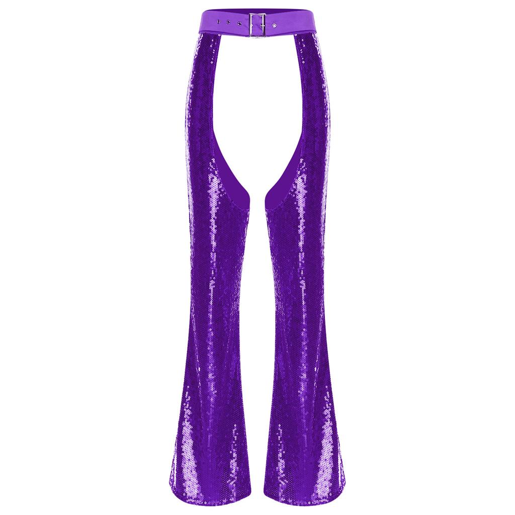 Damskie Halloweenowe Błyszczące Sequiny Koniarskie Chapsy Regulowany Pas Krocze Wycięte W Pełni Podszewka Rozszerzane Spodnie