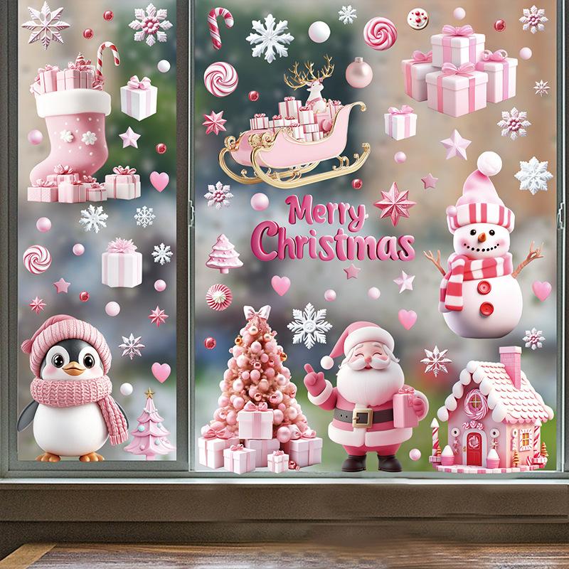 Pink Christmas Wall Stickers Christmas Trees Christmas Wooden Houses Static Stickers Festival Party Decor Glass Stickers