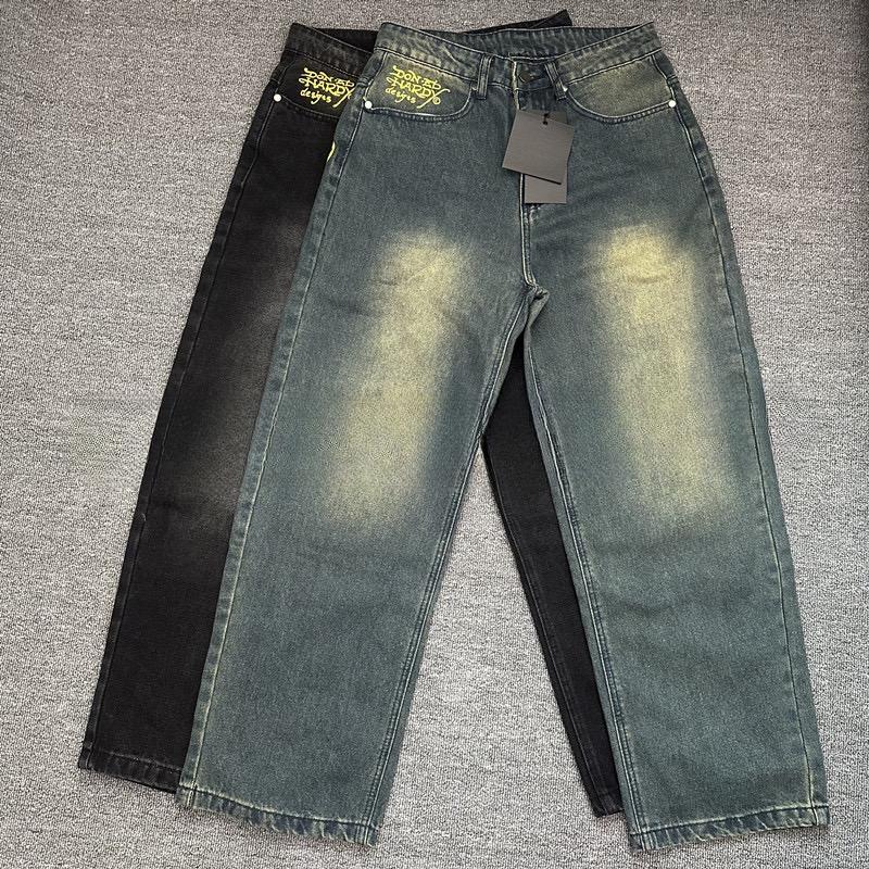 RogueWave European and American Retro High Street Hip-hop Oldschool Skull Embroidery Loose Casual Stylish Jeans Trousers