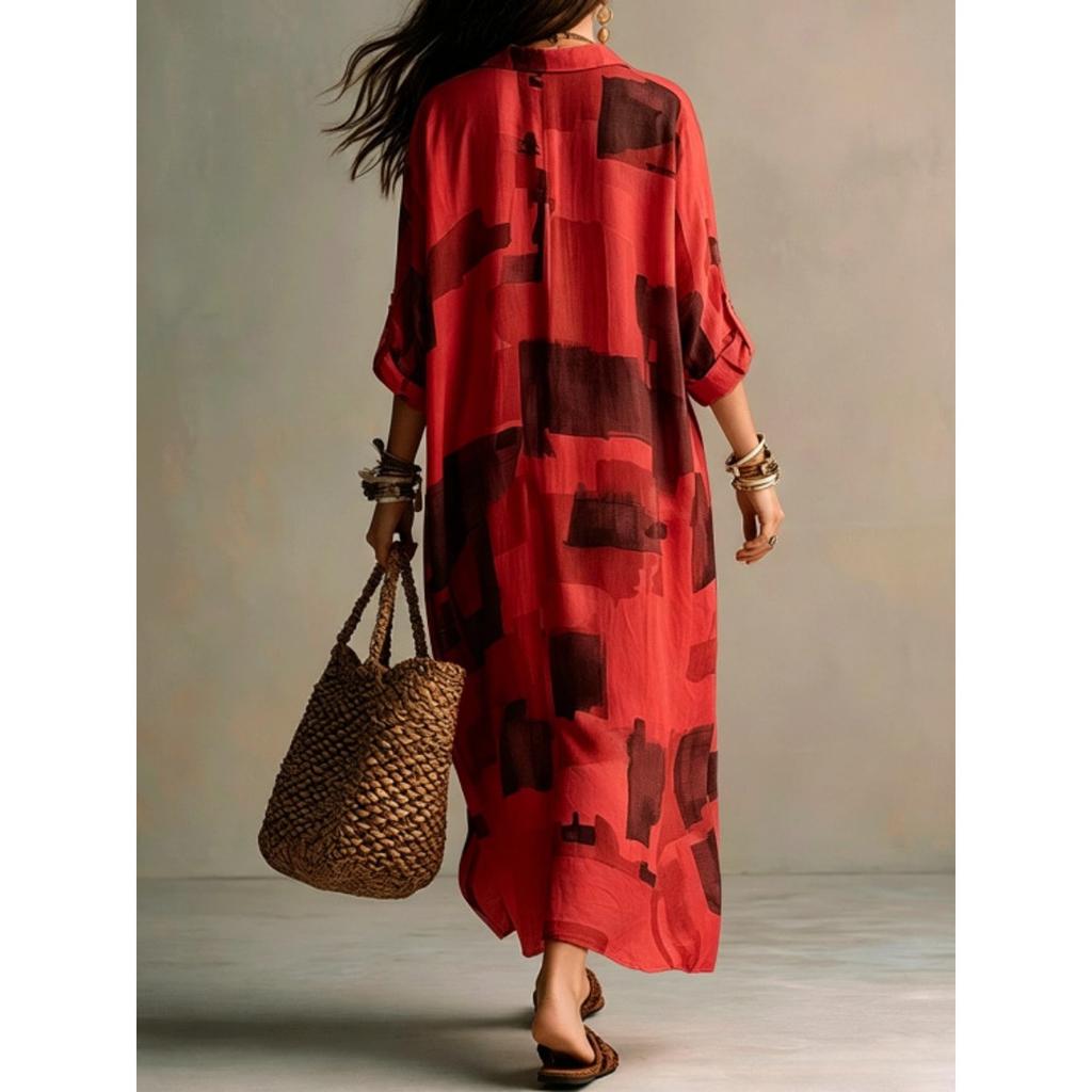 Summer New Women's Long Maxi Dress, Casual Vacation Style Print Button Lapel Long Sleeve Dress, European American Fashion
