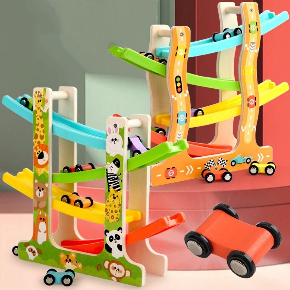 Four-layer Inertia Car Toys Traffic Theme Gravity Race Track Toy Wooden Gliders Track Boys Girls