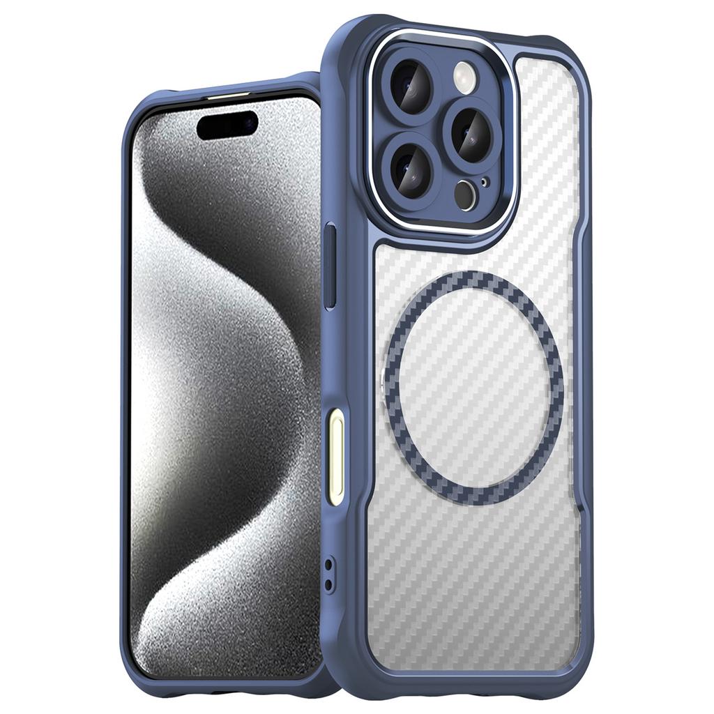 For iPhone 16 Pro Max Magnetic Case Carbon Fiber Texture TPU+PC Phone Cover