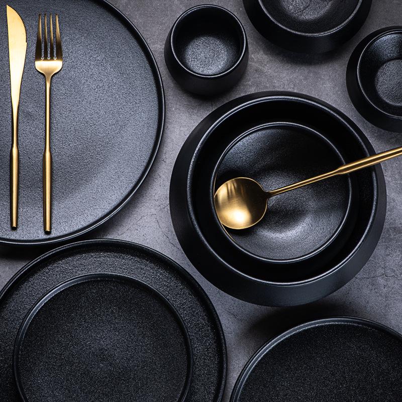 Meiguang Frosted Black Ceramic High-Footed Tableware Set: Rice, Soup & Noodle Bowls, Salad Bowls, Western Plates.