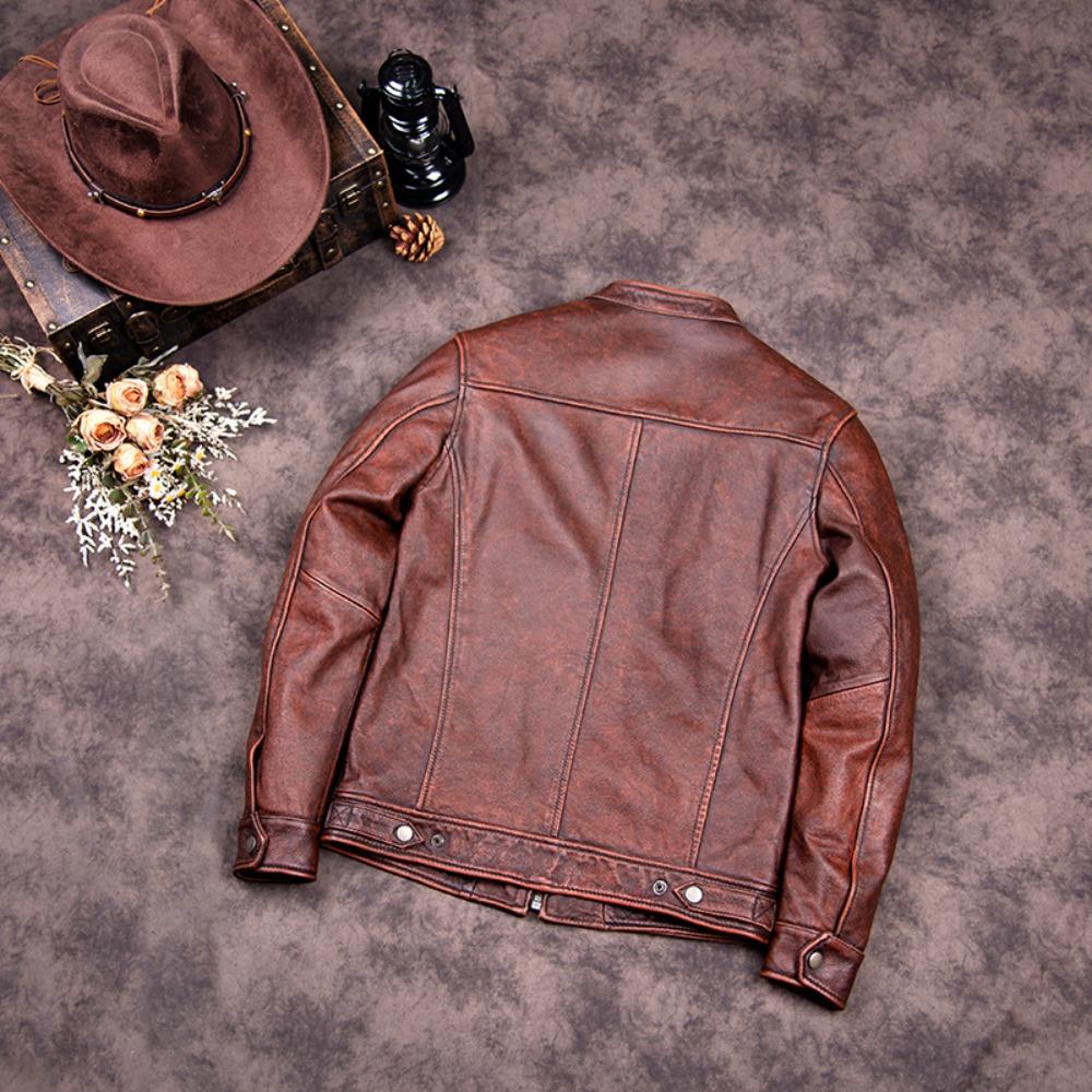 Chinese Size Vitnage Red Brown Men Leather Jacket Cowhide Leather Motorcycle Style Genuine Cow Jackets for Men Autumn
