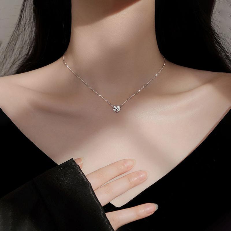 PONYKISS Trendy  Sterling Silver Four-leaf Clover Luck Leaves Zircon Sweater Chokers Necklace for Women Lovely Fine
