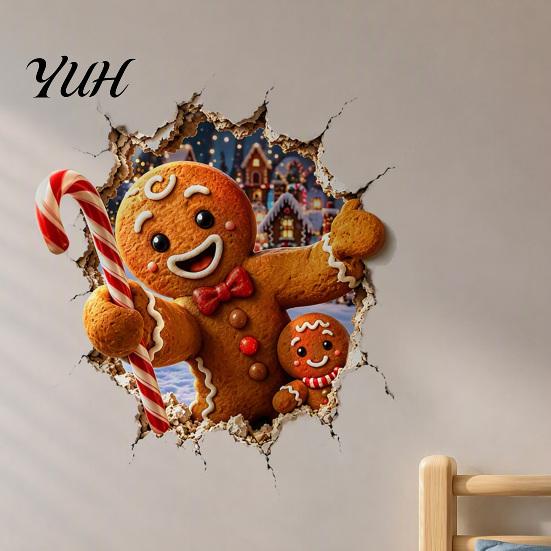 Holiday Wall Stickers Christmas Break-In 3D Decal, Santa Claus/Deer/Snowman/Elf/Dog/Nutcracker/Gingerbread Man Patterns Window Festive Home Decoration