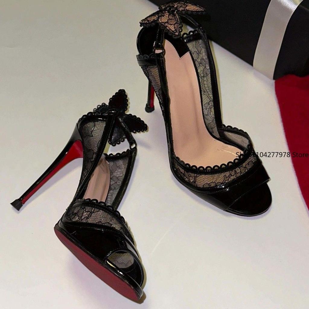 Fashion Sexy Lace Bowknot Thin High Heels Women Fish Mouth Elegant Designer Striptease Banquet Dress Shoes Fashion Brand Sandals Women