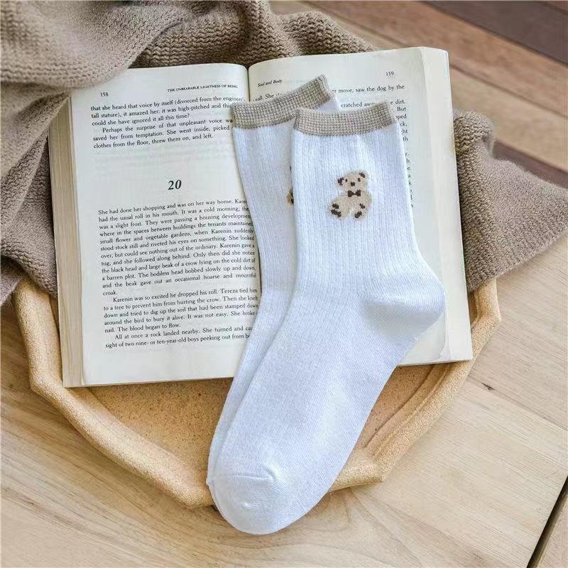 5 Pairs of Socks WOMEN'S Spring and Summer Thin Solid Color Teddy Bear Cartoon Boat Socks