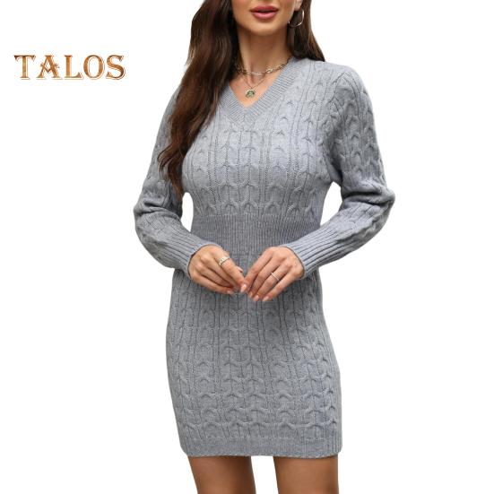 Vestido feminino outono inverno malha grossa decote em v ajuste fino mangas compridas acima do joelho textura torcida cor pura bainha escritório festa mini vestido