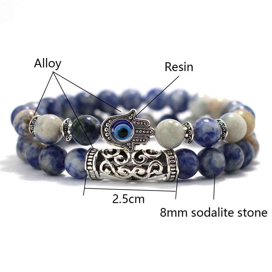 Retro 2Pcs Men Bracelet Set Turkey Evil Eyes Fatima Hand Braslet Natural Lava Sodalite Tiger Eyes Braclet Meditation Accessories