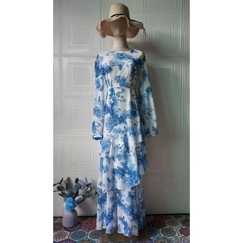 

Модный стиль Новинка Модный Элегантный Шифоновое платье с оборками и принтом с длинными рукавами Набивное длинное платье Blue and White S