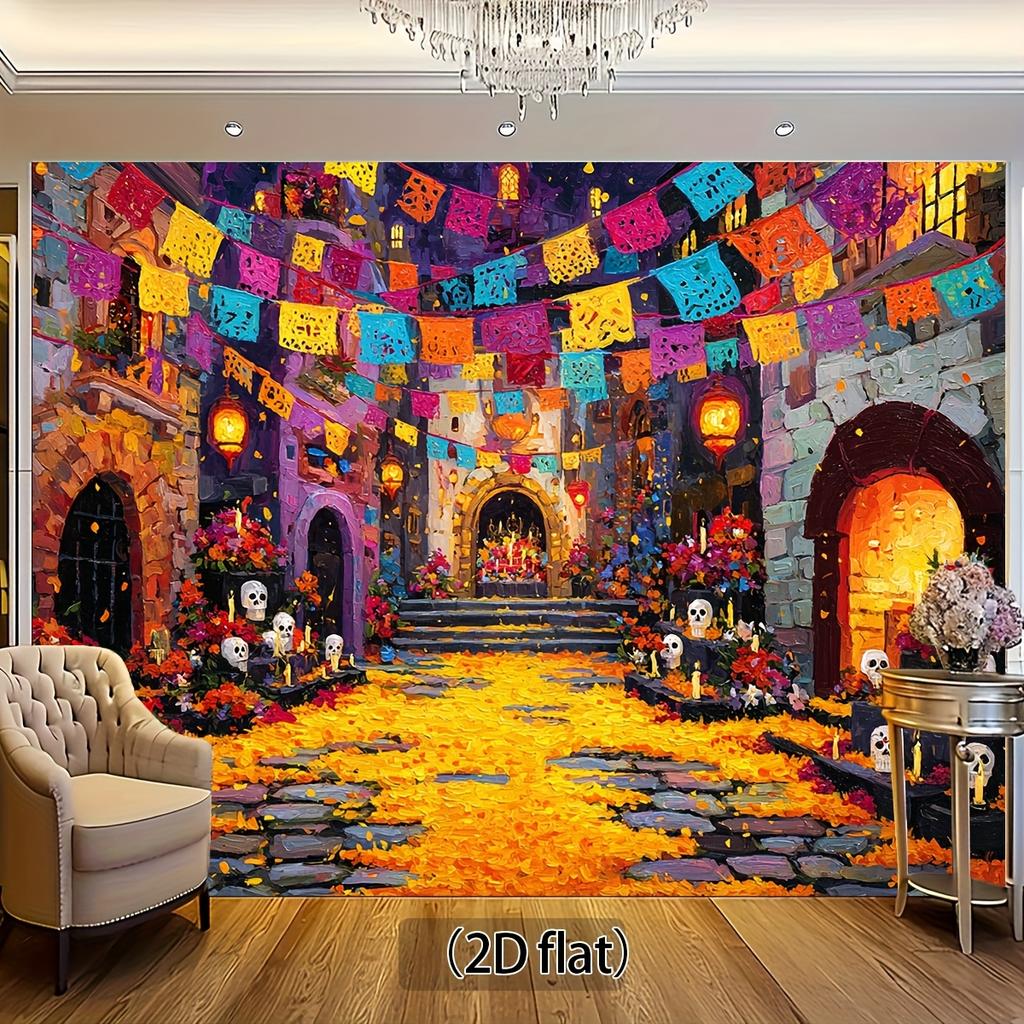 2D banner 1 piece of colorful Halloween-themed background equipped with festive banner bright flowers and decorative skulls