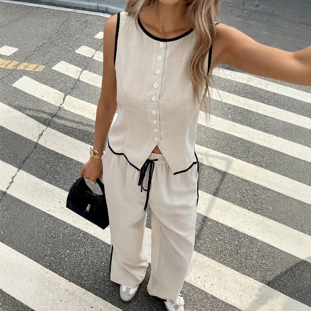 women's clothing European and American sleeveless vest high-waisted wide-leg pants two-piece set with elegant temperament and color-blocking edging